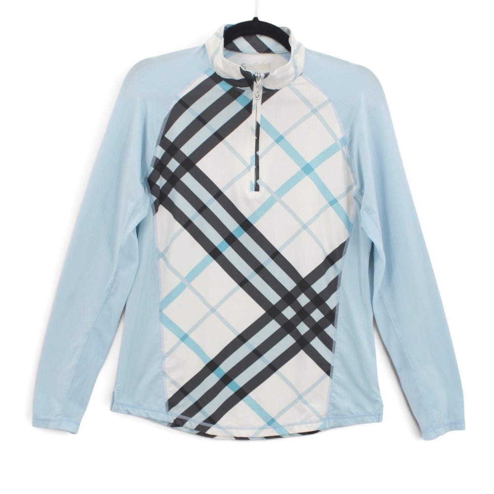 San Soleil Womens Top Medium Blue Plaid Quarter Zip Golf Pullover Long Sleeve